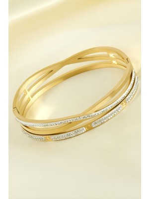 SiHako Çarpı Zirkon Taşlı Lüks Çelik Kelepçe Bileklik