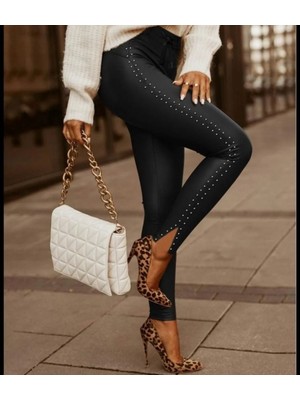 Modatıkla Kadın Yüksek Bel Yanlardan Incili Yırtmaçlı Uzun Deri Tayt