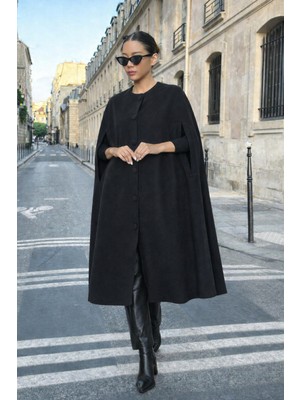 Comstar Kadın Günlük Kolsuz Bol Siyah Kaşe Panço