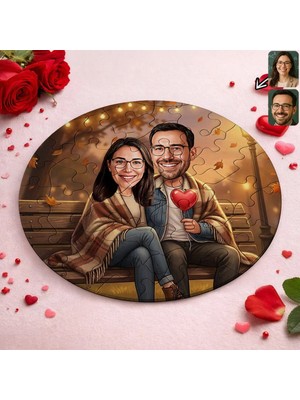 Bk Gift Kişiye Özel Sevgili Karikatürlü Yuvarlak Puzzle 20X20CM -7, Sevgililer Günü Hediyesi, Sevgiliye Hediye