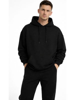 Polo State Erkek Oversize Kapüşonlu Kanguru Cepli 3 Iplik Içi Polarlı Siyah Sweatshirt