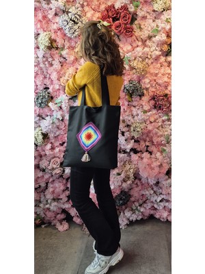 Handream Gökkuşağı Detaylı Siyah Bez Omuz Çantası