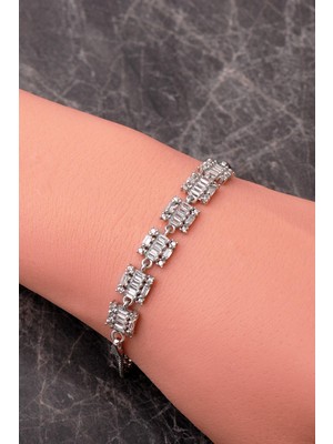 Sümer Telkari Baget Taşlı Kare Tasarımlı Rodyumlu 925 Ayar Gümüş Bileklik 4934