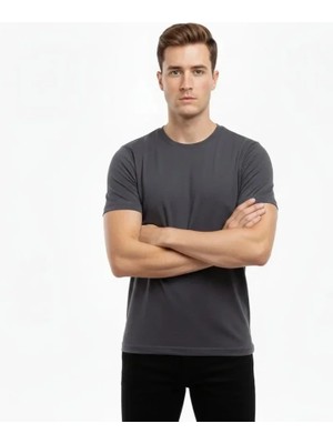 Uslucan Alışveriş Erkek T-Shirt Bisiklet Yaka Slim Fit Dar Kesim Likralı Tişört Günlük Basic Body - Füme