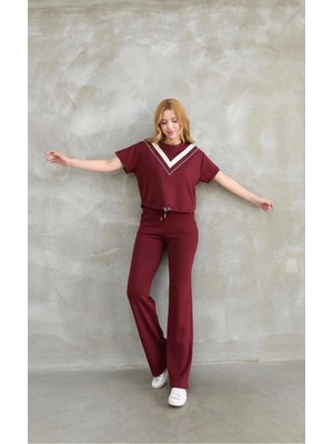 Glam Love Osy Modal Yumuşak Dokulu Kumaş Bisiklet Yaka Parçalı Detaylı Kısa Kollu Takım - Bordo -