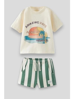 Monila Erkek Çocuk Baskılı Pamuklu Çizgili Şortlu Altüst Takım