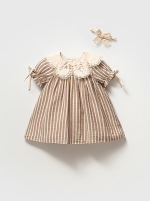 Noynoy Bebek Bebek Kız Çizgili Vintage Elbise Dantel Yakalı Nakış Detaylı Bandanalı Takım