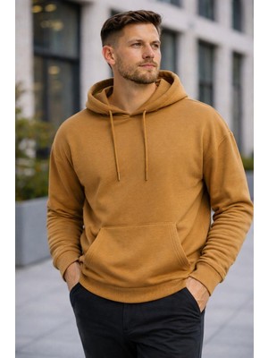 Polo State Erkek Oversize Kapüşonlu Kanguru Cepli 3 Iplik Içi Polarlı Kahverengi Sweatshirt