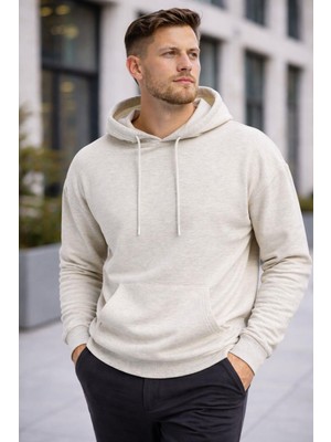 Polo State Erkek Oversize Kapüşonlu Kanguru Cepli 3 Iplik Içi Polarlı Kar Melanj Sweatshirt