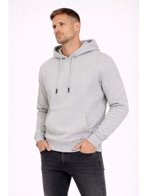 Polo State Erkek Kapüşonlu 3 Iplik Içi Şardonlu Nakışlı Sweatshirt Gri