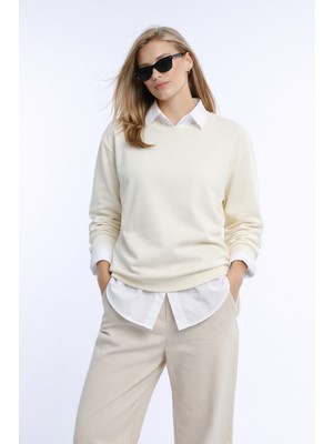 Polo State Kadın Ekru 3 Iplik Şardonsuz Bisiklet Yaka Regular Fit Sweatshirt