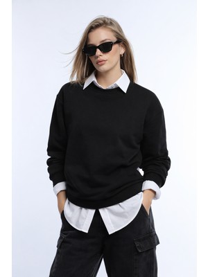 Polo State Kadın Siyah 3 Iplik Şardonsuz Bisiklet Yaka Regular Fit Sweatshirt