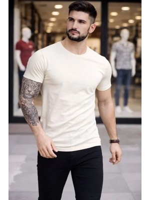 Uslucan Alışveriş Erkek T-Shirt Bisiklet Yaka Slim Fit Dar Kesim Likralı Tişört Günlük Basic Body - Taş
