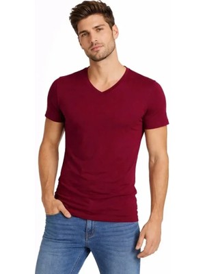 Uslucan Alışveriş Erkek T-Shirt V Yaka Slim Fit Dar Kesim Likralı Tişört Günlük Basic Body - Bordo