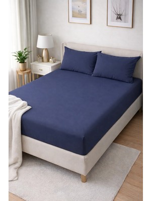 Clasy Ranforce Lastikli Çarşaf Seti Çift Kişilik Lacivert ÇKLÇ-248 %100 Pamuk