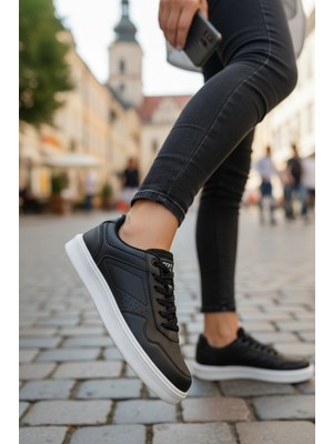 Enoch Unisex Siyah Suni Deri Spor Ayakkabı Beyaz Düz Tabanlı ve Perfore Detaylı Günlük Casual Sneaker