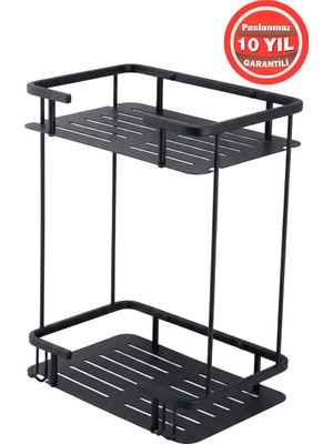 Banyom Home Mat Siyah Paslanmaz Pirinç 2'li Lidya Şampuanlık Banyo Rafı