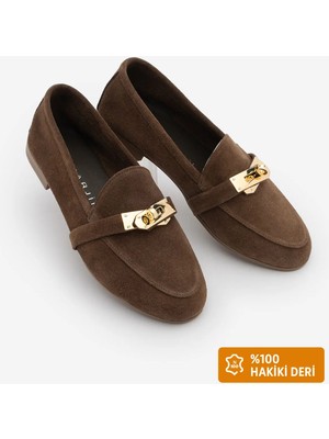 Marjin Kadın Loafer Acı Kahve Hakiki Deri Tokalı Makosen Günlük Ayakkabı Nador Kahve Süet