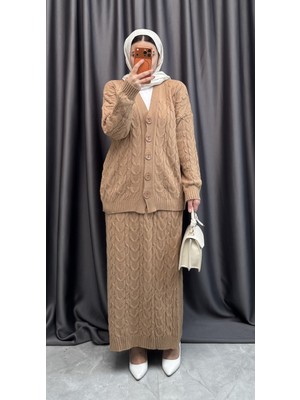 Nisum Moda Saç Örgülü Triko Etek Hırka Takım