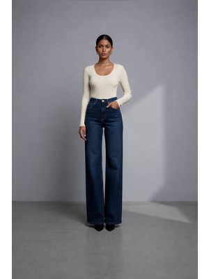 Ecenin Favorileri Mavi Renk Geniş Paça Wide Leg Kadın Jean Pantolon