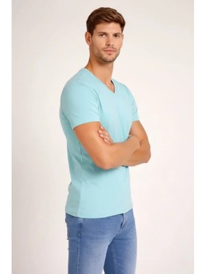Uslucan Alışveriş Erkek T-Shirt V Yaka Slim Fit Dar Kesim Likralı Tişört Günlük Basic Body - Turkuvaz