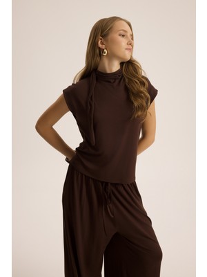 Mai Merlin Bağlamalı Kahve Crop Pantolon Takım