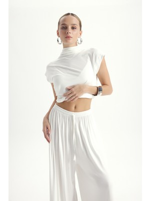 Mai Merlin Bağlamalı Ekru Crop Pantolon Takım