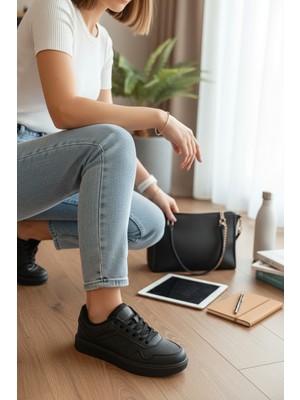 Enoch Unisex Siyah Suni Deri Spor Ayakkabı Beyaz Düz Tabanlı ve Perfore Detaylı Günlük Casual Sneaker