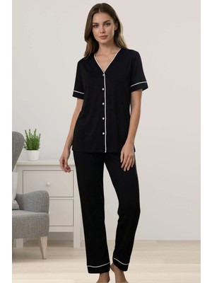 Effortt Pamuklu Kumaş Önden Düğmeli Rahat Kesim Hamile Lohusa Pijama Takımı - Siyah
