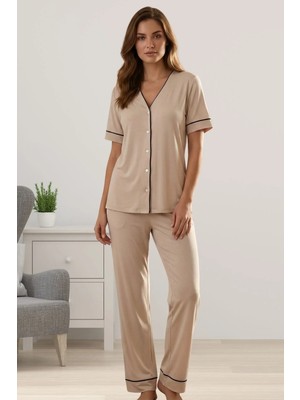 Effortt Pamuklu Kumaş Önden Düğmeli Rahat Kesim Hamile Lohusa Pijama Takımı - Bej
