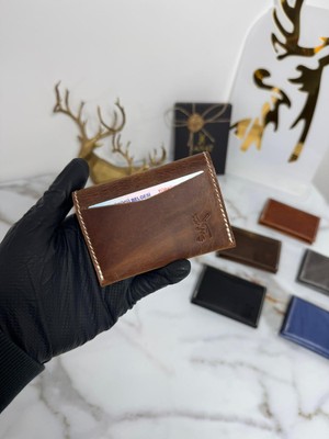 Sanat Hakiki Deri Unisex Küçük Kartlık - Kompakt Tasarım Kağıt Para Bölmeli Ince Pull-Up Kartlık
