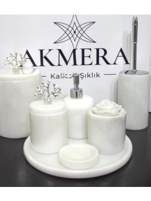 Akmera Home Beyaz Mermer Gümüş Mercan Detaylı 7 Parça Banyo Seti