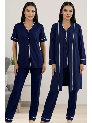 Effortt Rahat Kesim Sabahlıklı Hamile Lohusa Pijama Takımı - Lacivert