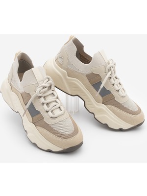 Marjin Kadın Sneaker Yüksek Taban Triko Spor Ayakkabı Volente Bej Süet