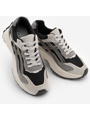 Marjin Kadın Sneaker Yüksek Kalın Taban Bağcıklı Spor Ayakkabı Ribaga Siyah