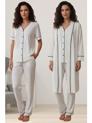 Effortt Rahat Kesim Sabahlıklı Hamile Lohusa Pijama Takımı - Ekru