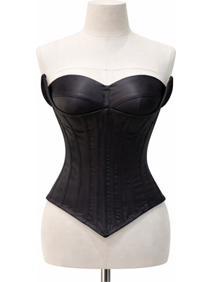 Moda Siyah Saten Korse Bağcıklı-Büstiyer