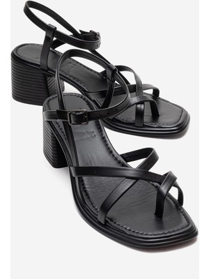 Luvi Lavısh Siyah Hakiki Deri Kadın Kalın Topuklu Sandalet