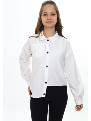 Toontoy Kız Çocuk Regular Fit Asimetrik Kalıp Düşük Omuz Uzun Kollu Basic Poplin Gömlek - Tek Cepli