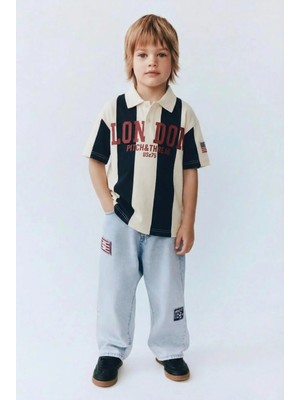 Magu Erkek Çocuk Pamuklu Oversize Polo Yaka Baskılı T-Shirt ve Bol Paça Kot Pantolon Takım