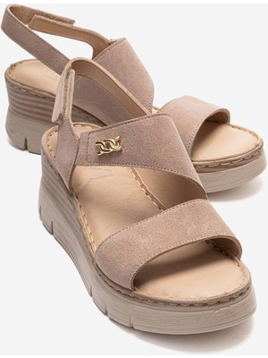 Luvi Sophıe Bej Süet Hakiki Deri Kadın Dolgu Topuklu Sandalet
