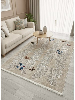 Brillant Bej- Nakış Işleme Görünümlü Kuşlu Lateks Taban Yolluk Halı