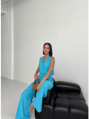 Moderie Butik Keten Sirti Çapraz Geçi̇şli̇ Cepken Pantolon Takim