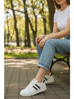 Enoch Kadın Spor Ayakkabı Kontrast Bant Detaylı ve Perfore Burunlu Düz Tabanlı Günlük Casual Sneaker