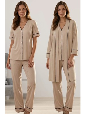 Effortt Rahat Kesim Sabahlıklı Hamile Lohusa Pijama Takımı - Bej