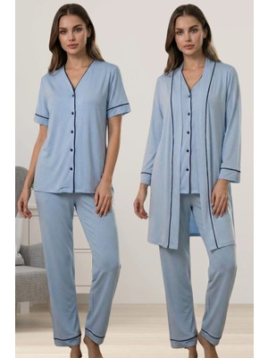 Effortt Rahat Kesim Sabahlıklı Hamile Lohusa Pijama Takımı - Mavi