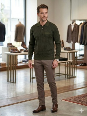 Karaca %50 Yün %50 Akrilik Polo Yaka Nokta Desenli Kazak