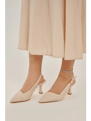 Modezya Lenora Bej Mat Desenli Arka Toka Detay Sivri Burun Kadın Topuklu Ayakkabı