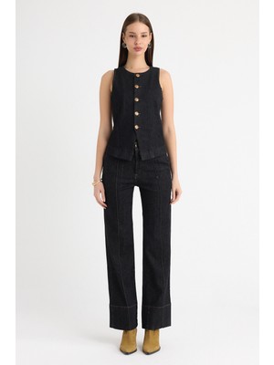 Moviment Siyah Yıkamalı Ön ve Paça Dikiş Detaylı Likralı Pantolon ve Kolsuz Düğme Detaylı Blazer Yelek/ceket Ikilitakım