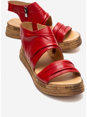 Luvi Lunas Kırmızı Hakiki Deri Yandan Fermuarlı Kadın Sandalet